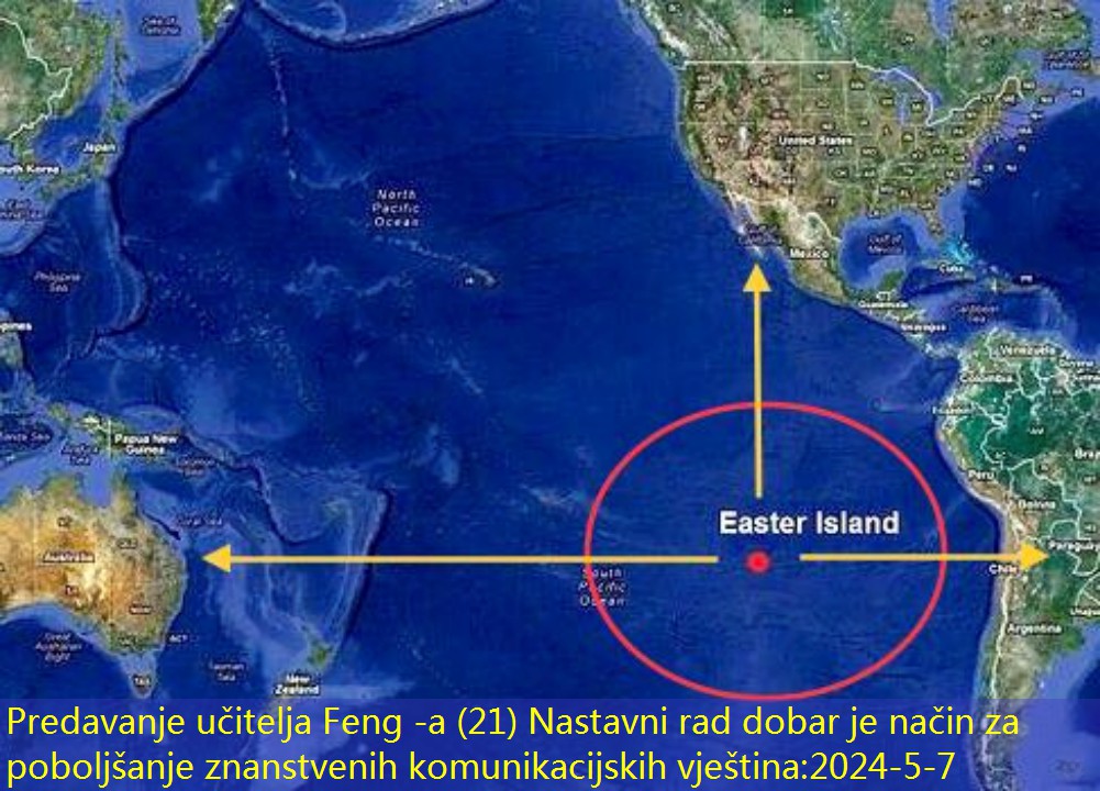 Crvena točka na slici je specifično mjesto uskrsnog otoka, a žuta strelica odnosi se na njegovu udaljenost od svih kontinenata.